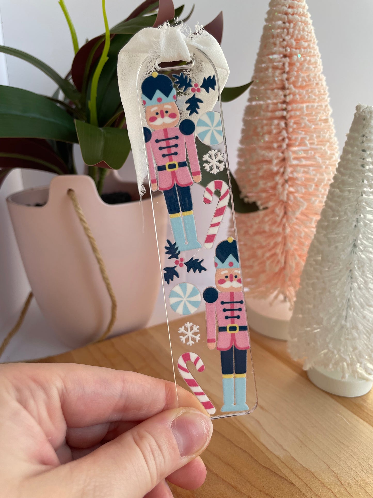 Blue Nutcrackers Holiday Clear Acrylic Bookmark with Chiffon Ribbon