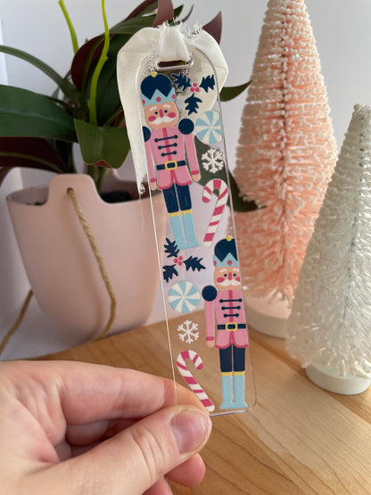 Blue Nutcrackers Holiday Clear Acrylic Bookmark with Chiffon Ribbon