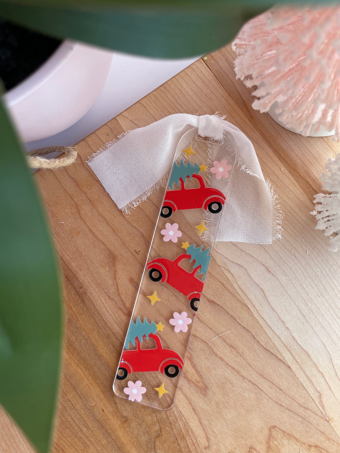 Red Christmas Truck Clear Acrylic Bookmark with Chiffon Ribbon