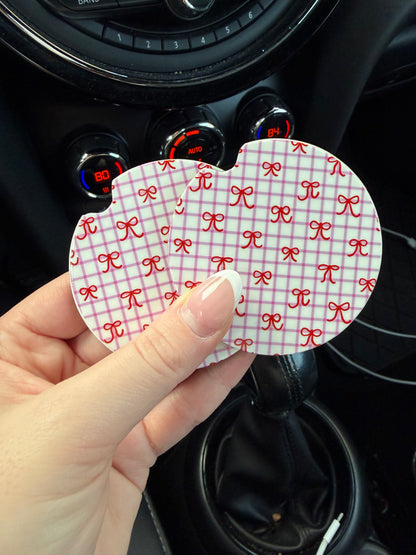 Pink Stripes and Red Bows Car Coasters