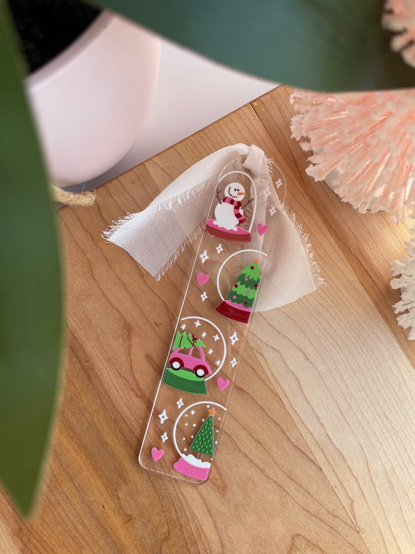 Festive Snowglobes Winter Clear Acrylic Bookmark with Chiffon Ribbon