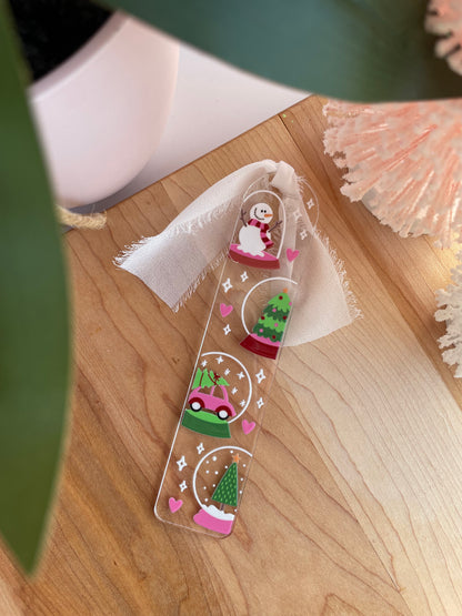 Festive Snowglobes Winter Clear Acrylic Bookmark with Chiffon Ribbon