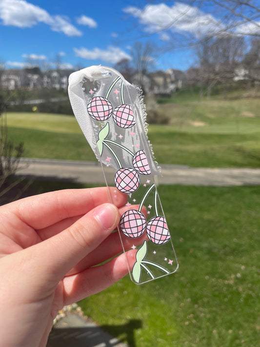 Disco Ball Cherries Clear Acrylic Bookmark with Chiffon Ribbon