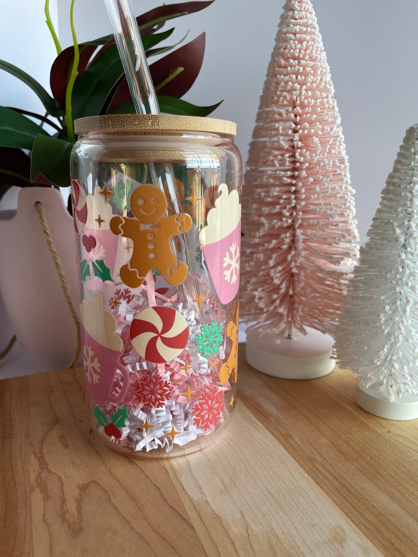 Colorful Cookies and Cocoa Glass Cup with Bamboo Lid and Glass Straw