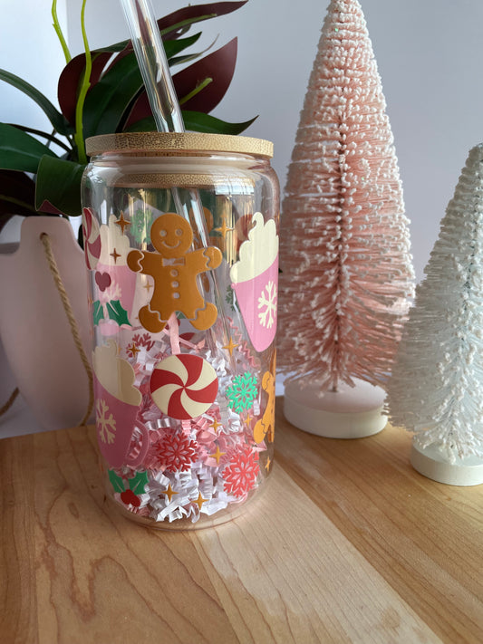 Colorful Cookies and Cocoa Glass Cup with Bamboo Lid and Glass Straw