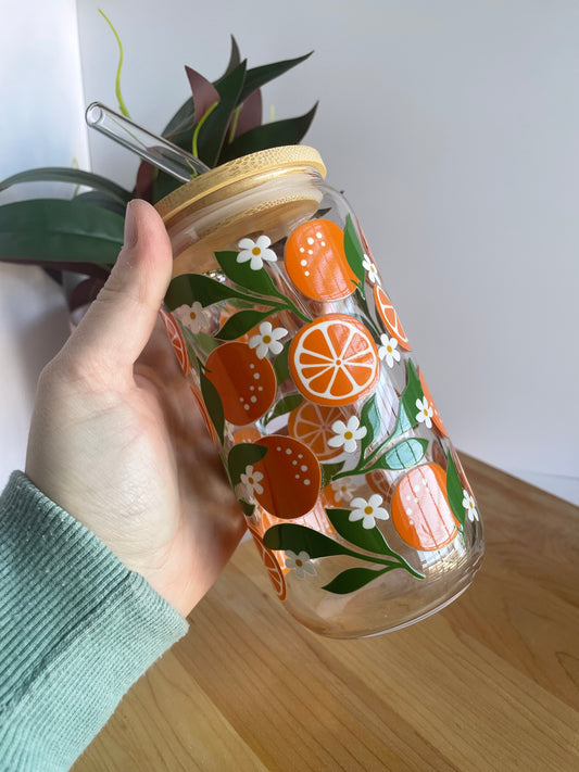 Summer Oranges Glass Cup with Bamboo Lid and Glass Straw