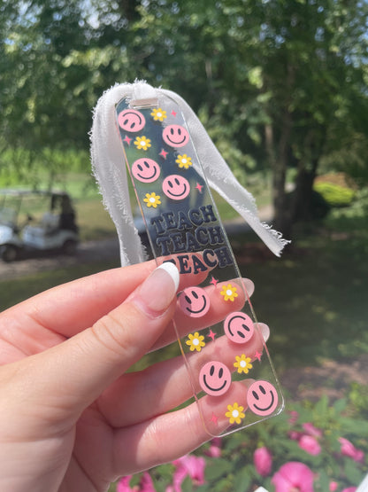 Teaching Smiley Face and Flowers Clear Acrylic Bookmark with Chiffon Ribbon