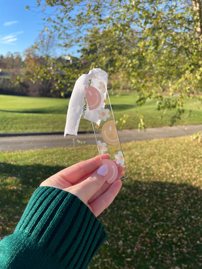 Smiley and Daises Cute Acrylic Bookmark with Chiffon Ribbon