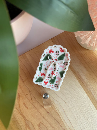 Scalloped Christmas Doodles and Bow Badge Reel