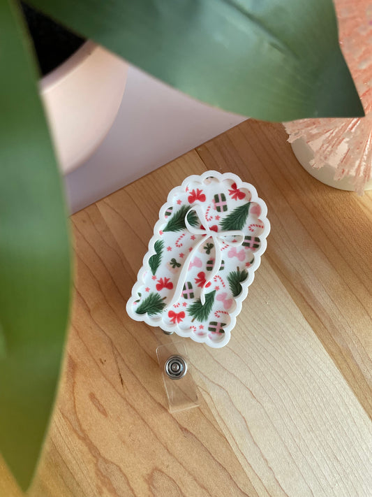 Scalloped Christmas Doodles and Bow Badge Reel