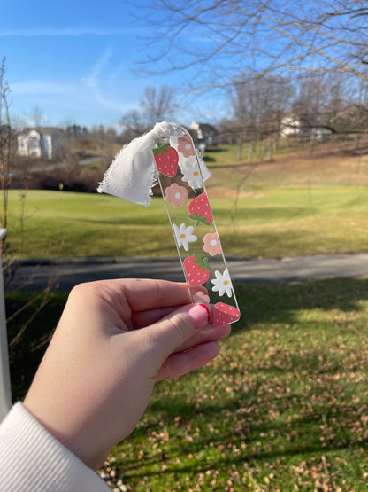 Strawberries and Daises Clear Acrylic Bookmark with Chiffon Ribbon