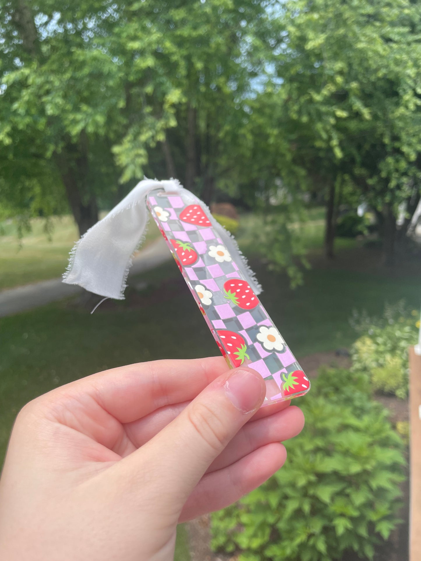 Strawberries and Pink Checkers Clear Acrylic Bookmark with Chiffon Ribbon