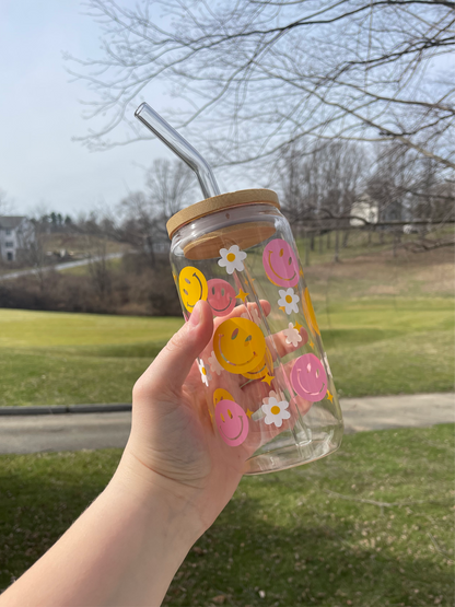 Pink and Yellow Smiley Faces and Daises Glass Cup with Bamboo Lid and Glass Straw