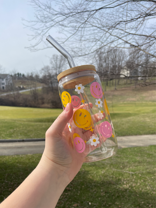 Pink and Yellow Smiley Faces and Daises Glass Cup with Bamboo Lid and Glass Straw