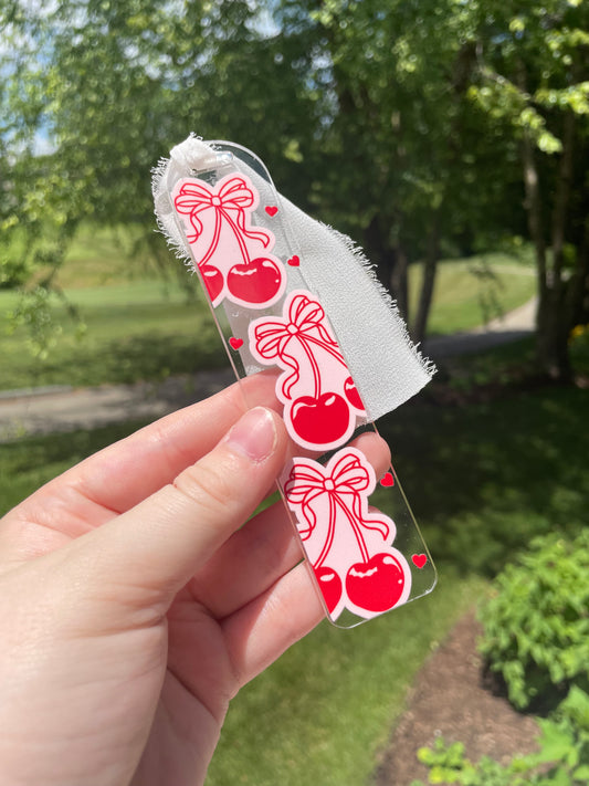 Coquette Cherries and Bows Clear Acrylic Bookmark with Chiffon Ribbon