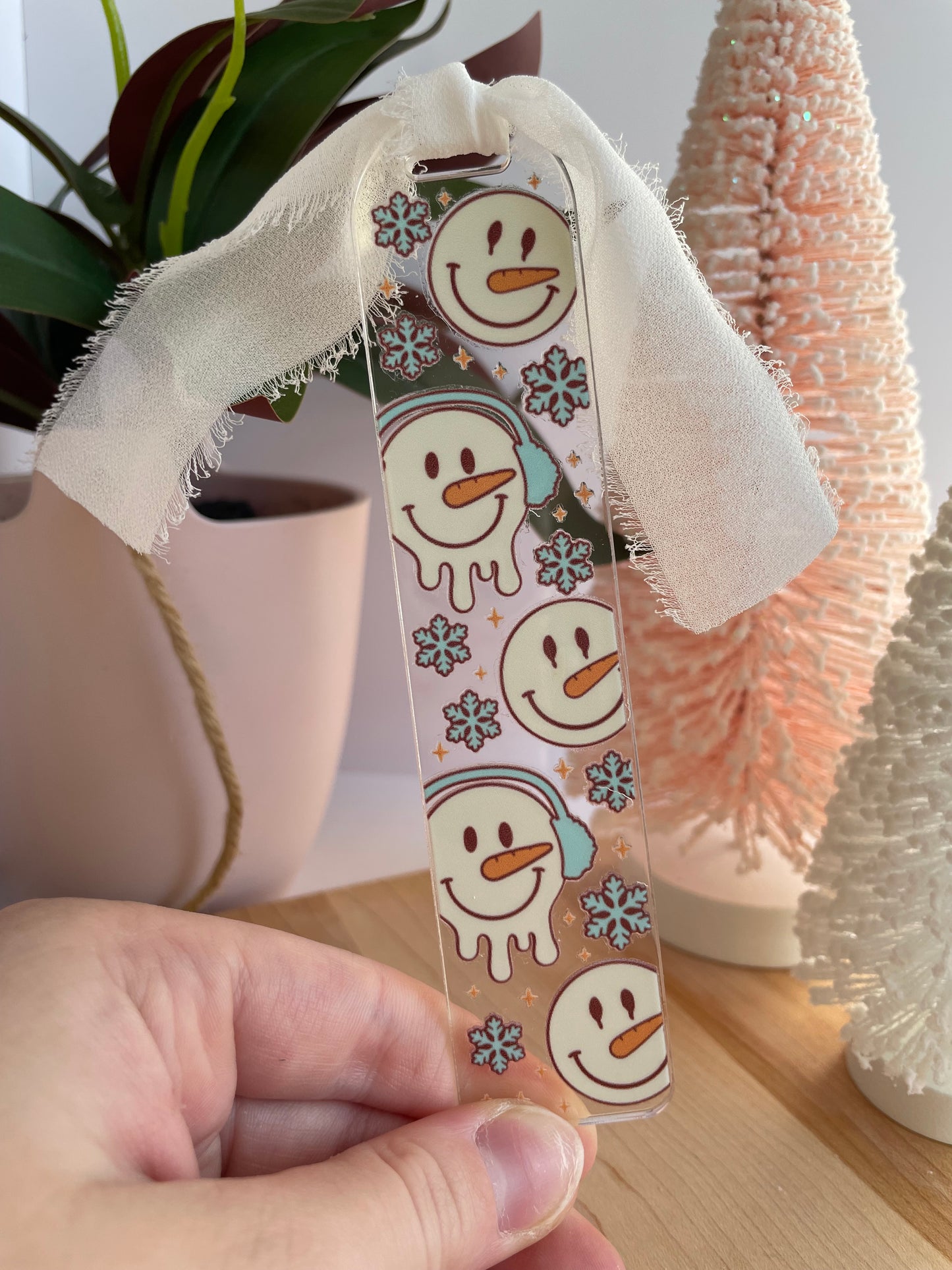 Snowmen and Snowflakes Clear Acrylic Bookmark with Chiffon Ribbon