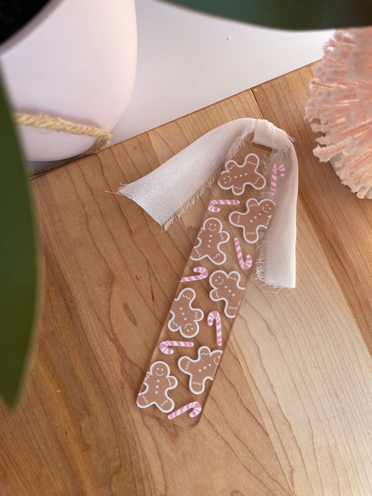 Gingerbread Cookies and Pink Candy Canes Clear Acrylic Bookmark with Chiffon Ribbon
