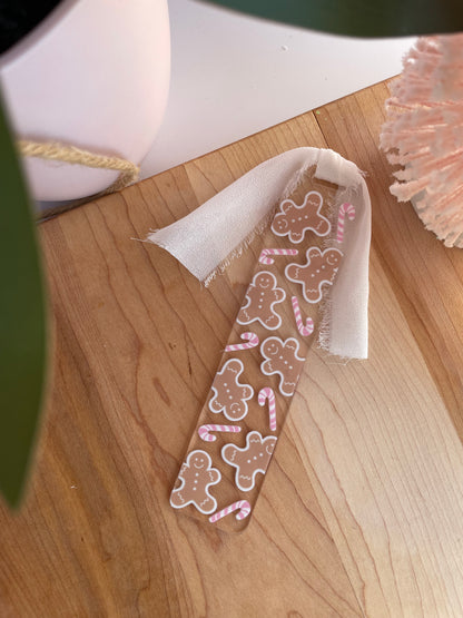Gingerbread Cookies and Pink Candy Canes Clear Acrylic Bookmark with Chiffon Ribbon