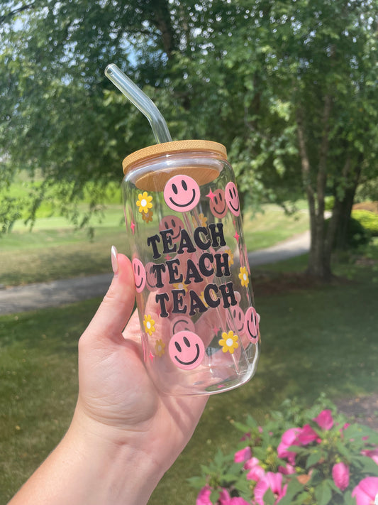 Happy Smiley Faces and Flowers Teaching Glass Cup with Bamboo Lid and Glass Straw