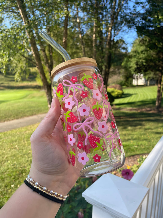 Strawberries and Pink Bows Cute Glass Cup with Bamboo Lid and Glass Straw