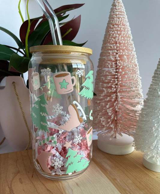Pastel Ice Skating Glass Cup with Bamboo Lid and Glass Straw