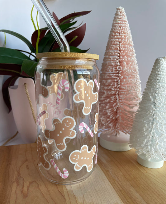 Gingerbread Cookies and Pink Candy Canes Glass Cup with Bamboo Lid and Glass Straw