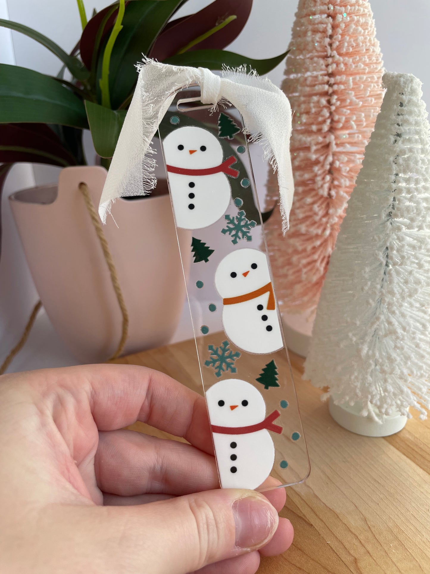 Holiday Snowmen Clear Acrylic Bookmark with Chiffon Ribbon
