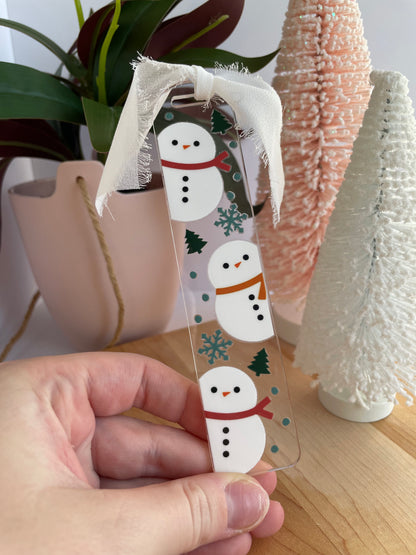 Holiday Snowmen Clear Acrylic Bookmark with Chiffon Ribbon