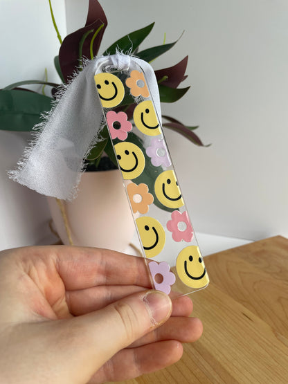 Groovy Smiley Faces Clear Acrylic Bookmark with Chiffon Ribbon