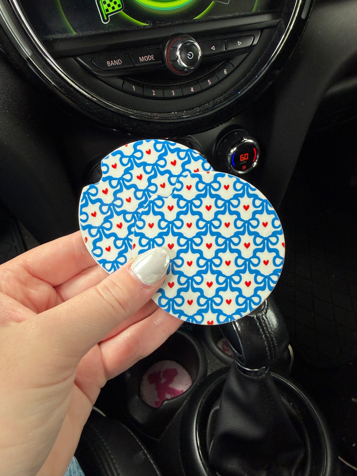 Navy Bows and Red Hearts Car Coasters
