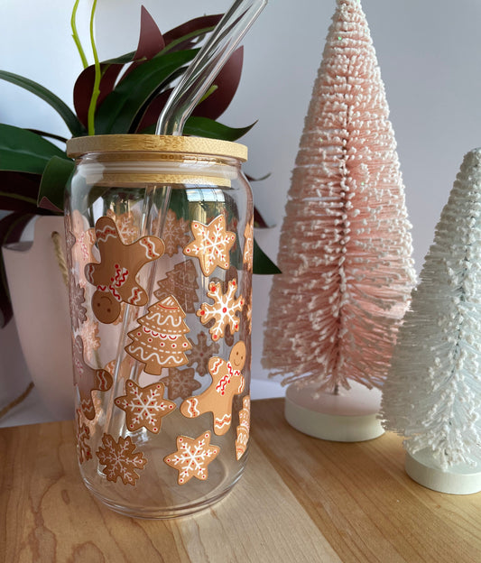 Holiday Christmas Cookies Glass Cup with Bamboo Lid and Glass Straw