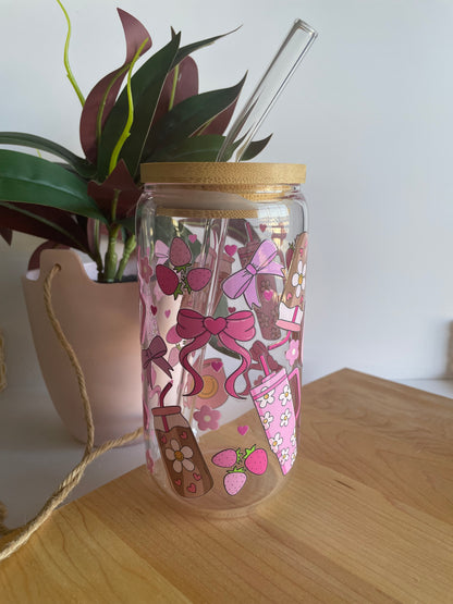 Pink Groovy Girly Glass Cup with Bamboo Lid and Glass Straw