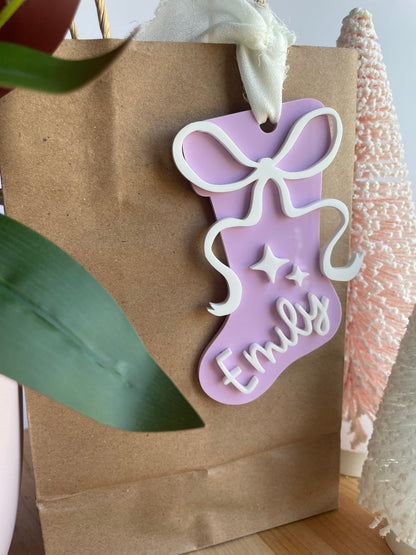 Holiday Stocking Custom Name Gift Tag with Chiffon Ribbon