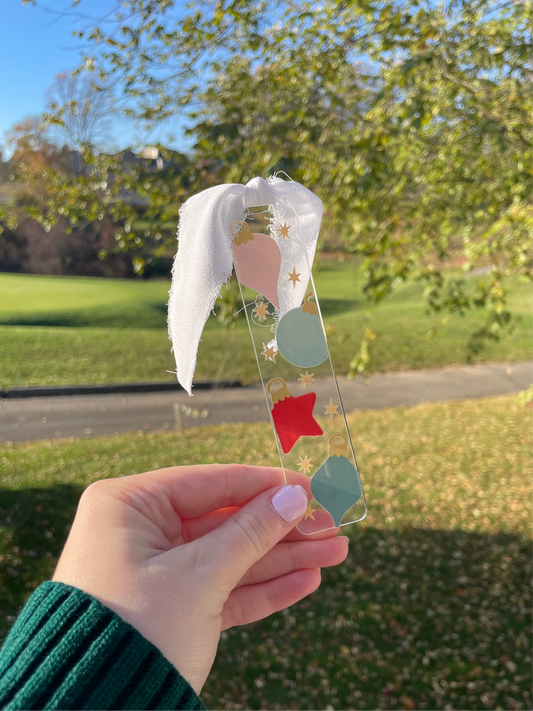 Christmas Ornaments Clear Acrylic Bookmark with Chiffon Ribbon