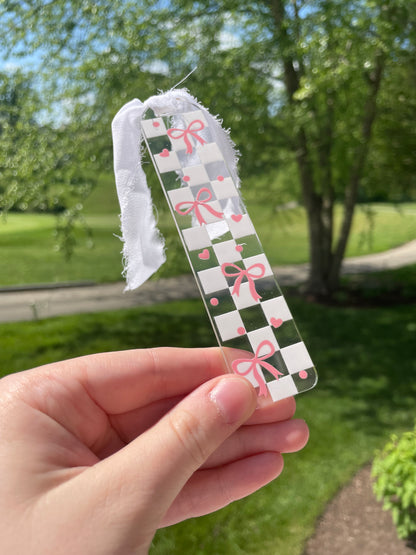 Light Pink Pretty Checkered Bows Girly Clear Acrylic Bookmark with Chiffon Ribbon