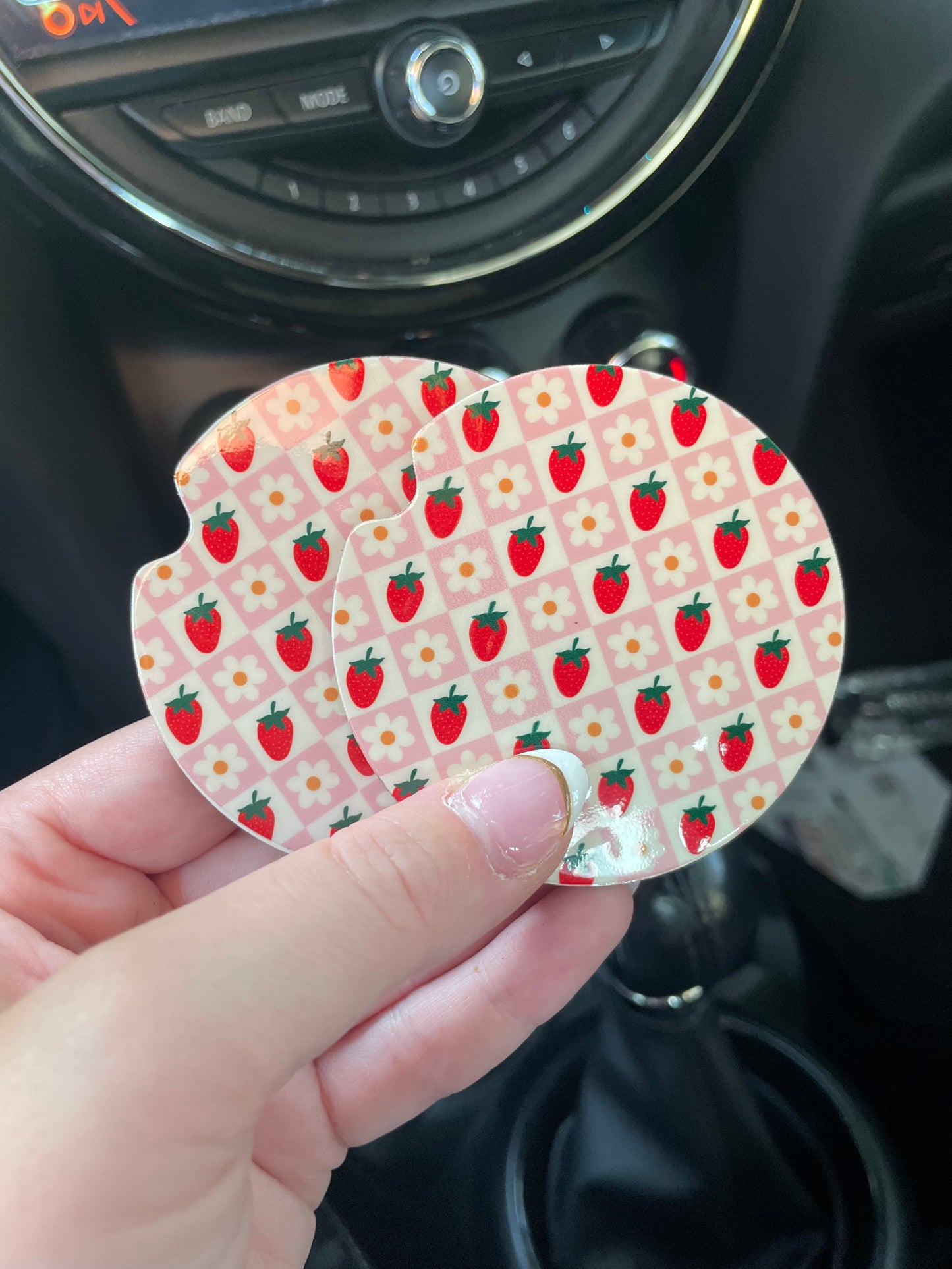 Strawberries and Daisies Car Coasters