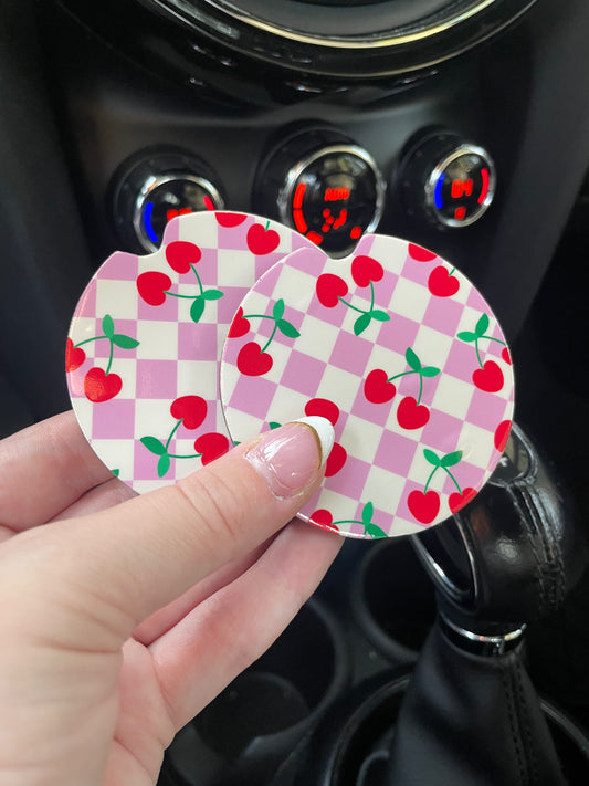 Pink Checkered Cherries Car Coasters