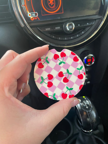 Pink Checkered Cherries Car Coasters