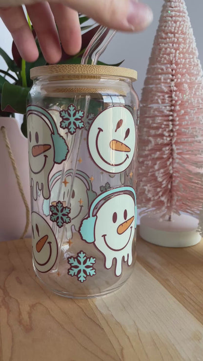 Winter Snowmen and Snowflakes Glass Cup with Bamboo Lid and Glass Straw