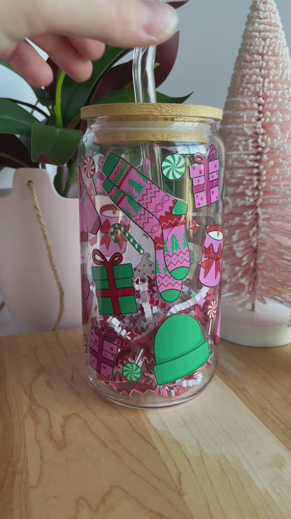 Colorful Festive Holiday Glass Cup with Bamboo Lid and Glass Straw