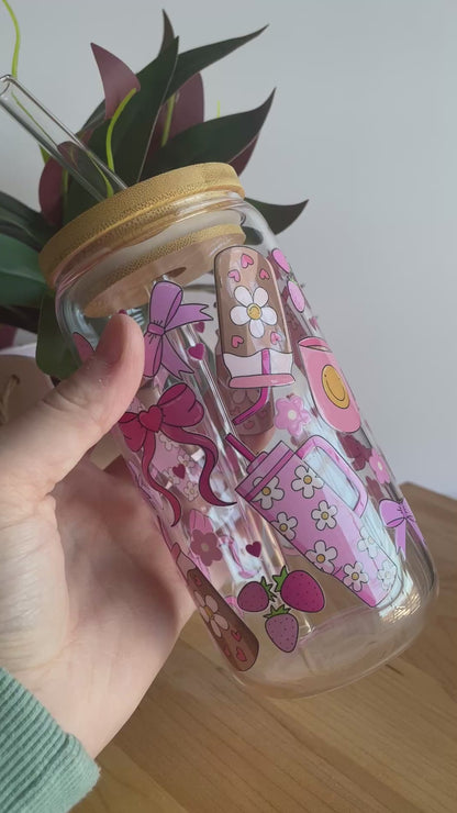 Pink Groovy Girly Glass Cup with Bamboo Lid and Glass Straw