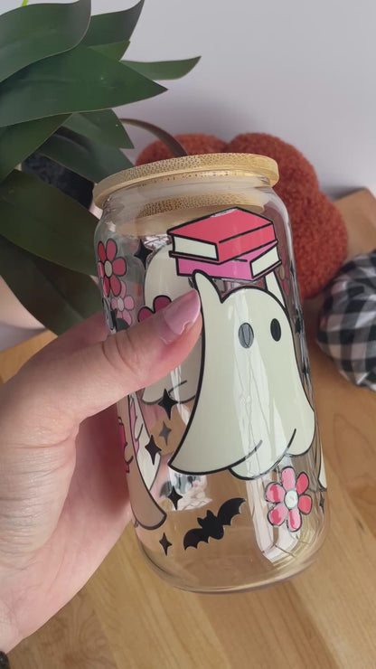 Bookish Ghosts Glass Cup with Bamboo Lid and Glass Straw