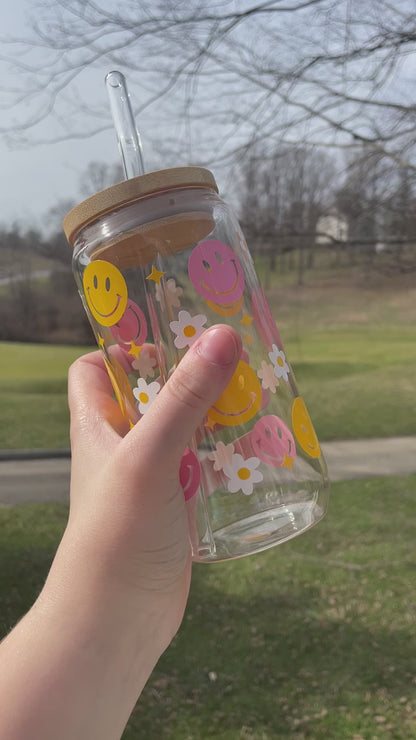 Pink and Yellow Smiley Faces and Daises Glass Cup with Bamboo Lid and Glass Straw