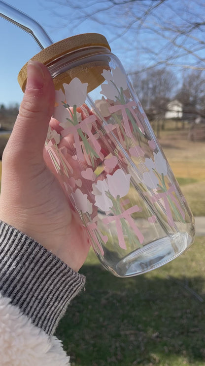 Pretty Tulips and Bows Glass Cup with Bamboo Lid and Glass Straw
