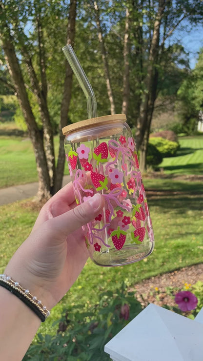 Strawberries and Pink Bows Cute Glass Cup with Bamboo Lid and Glass Straw