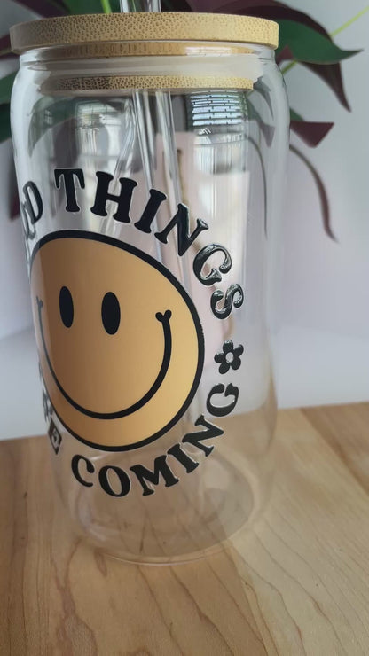 Good Things Are Coming Smiley Face Glass Cup with Bamboo Lid and Glass Straw
