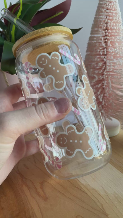 Gingerbread Cookies and Pink Candy Canes Glass Cup with Bamboo Lid and Glass Straw