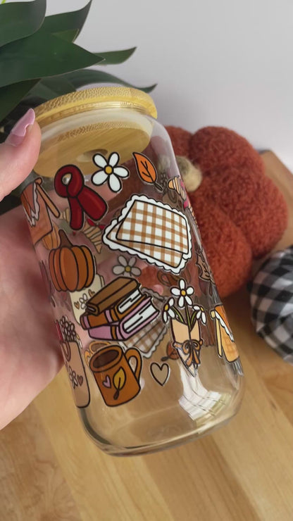 Fall Picnic Glass Cup with Bamboo Lid and Glass Straw