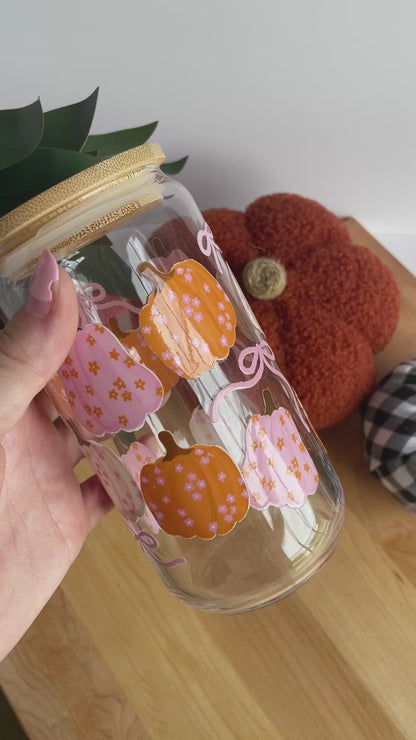 Floral Pumpkins and Bows Glass Cup with Bamboo Lid and Glass Straw