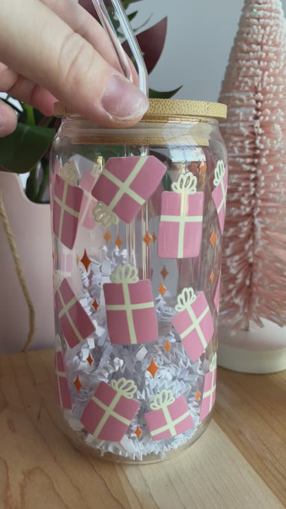 Pretty Pink Presents Glass Cup with Bamboo Lid and Glass Straw